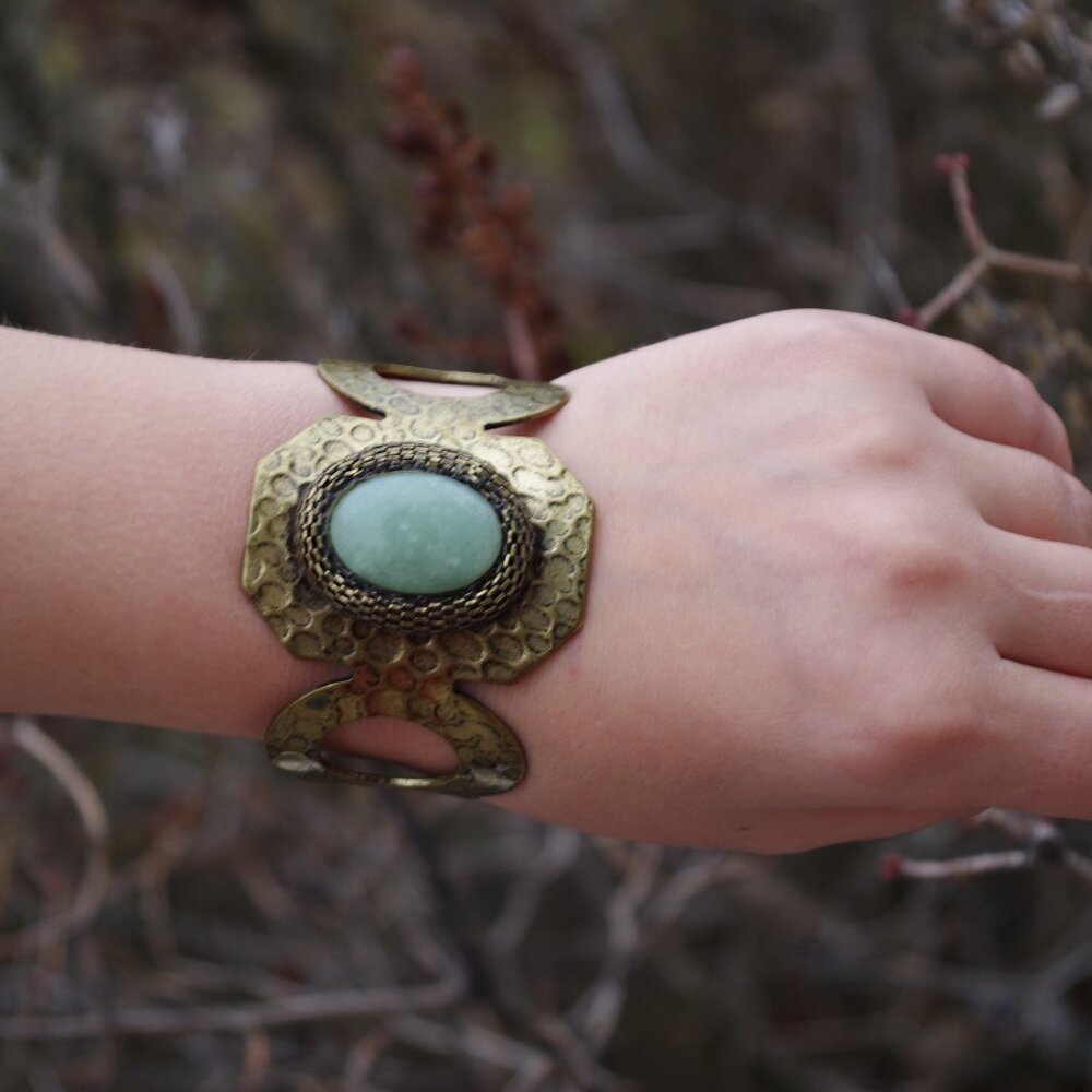 Vintage Brass Tone Carbonchon Stone Cuff Bangle